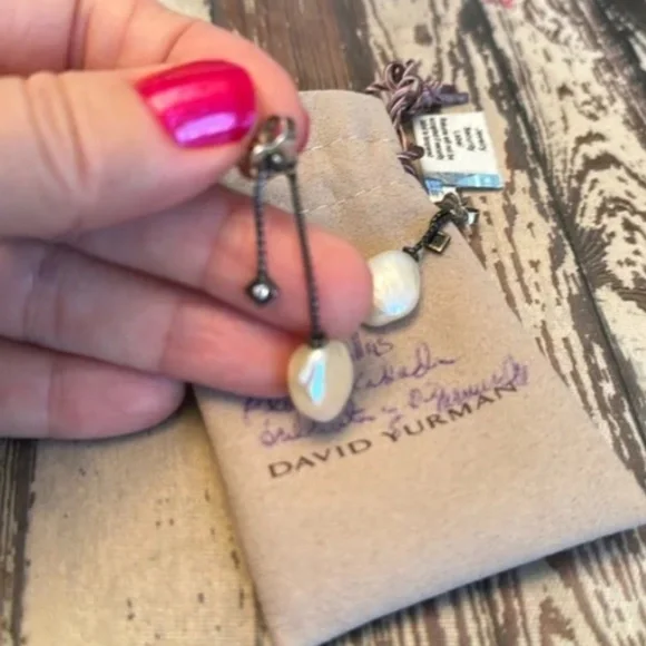 David Yurman Pearl & Diamond Solari Black Chain Drop Earrings EUC